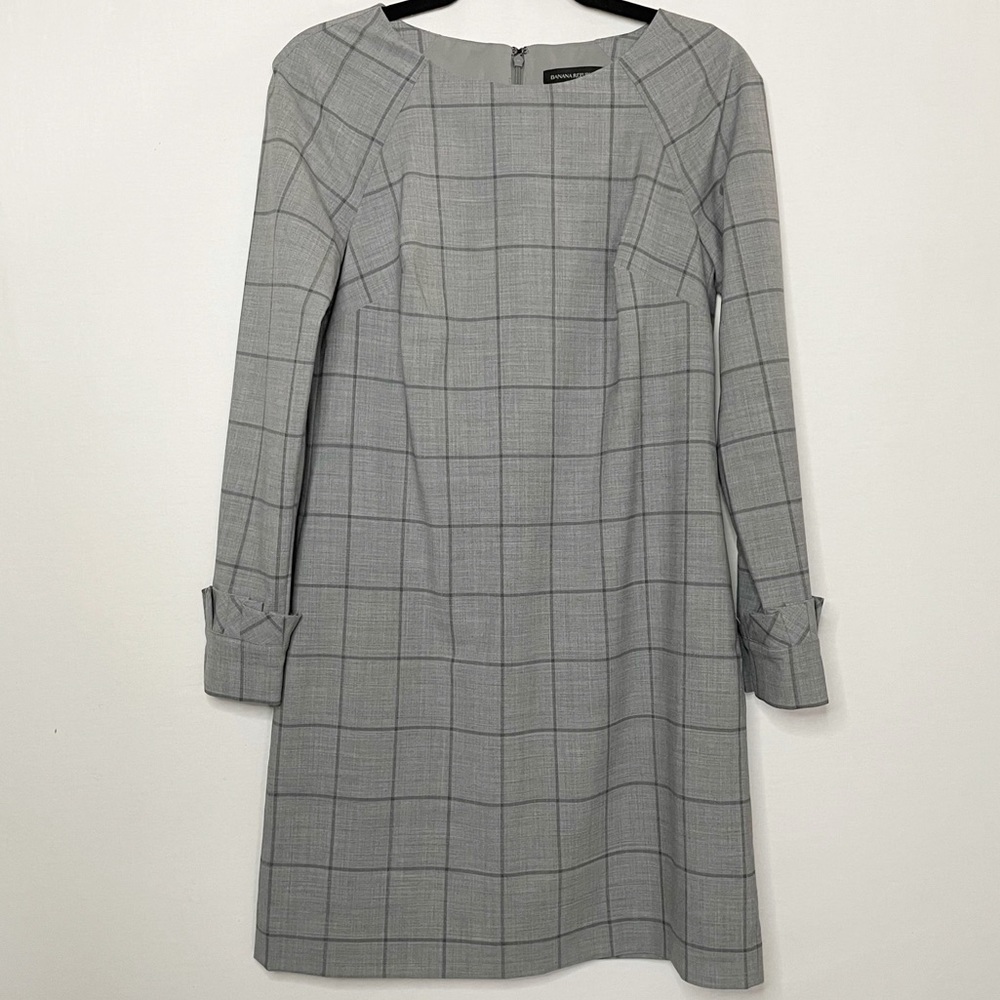 Banana Republic Wool Blend Grid Print Long Sleeve Dress Career Office Workwear